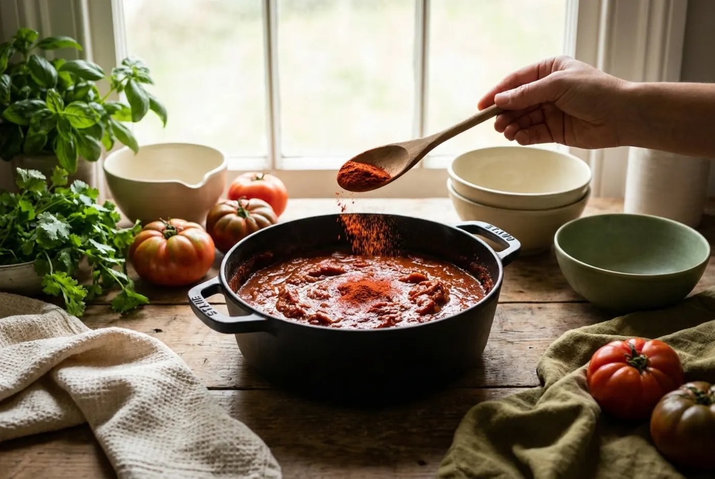 Tomato powder being sprinkled into a pot of tomato curry
