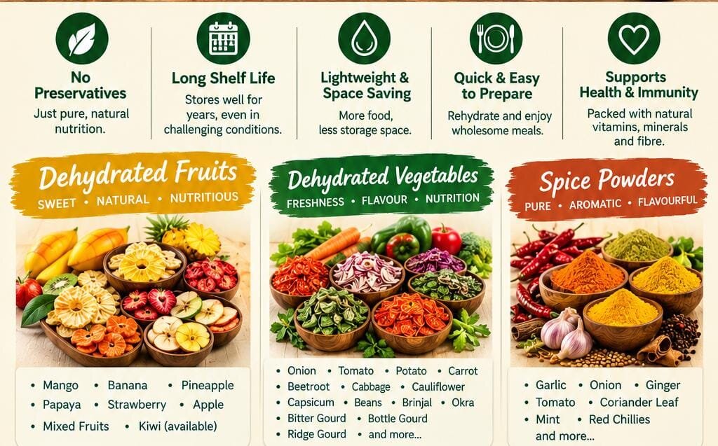 Mount Food and Spices range: dehydrated fruits (mango, banana, pineapple, papaya, strawberry, apple, mixed fruits, kiwi), dehydrated vegetables (onion, tomato, potato, carrot, beetroot, cabbage, cauliflower, capsicum, beans, brinjal, okra, gourds and more) and spice powders (garlic, onion, ginger, tomato, coriander leaf, mint, red chillies and more). No preservatives, long shelf life, lightweight and space saving, quick and easy to prepare.