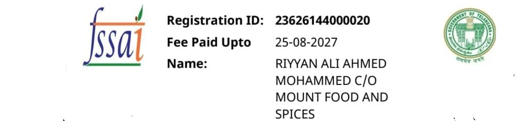 FSSAI registration details for Mount Food and Spices