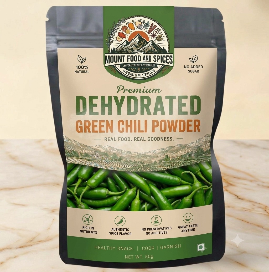 Premium Dehydrated Green Chilli Powder pouch by Mount Food and Spices