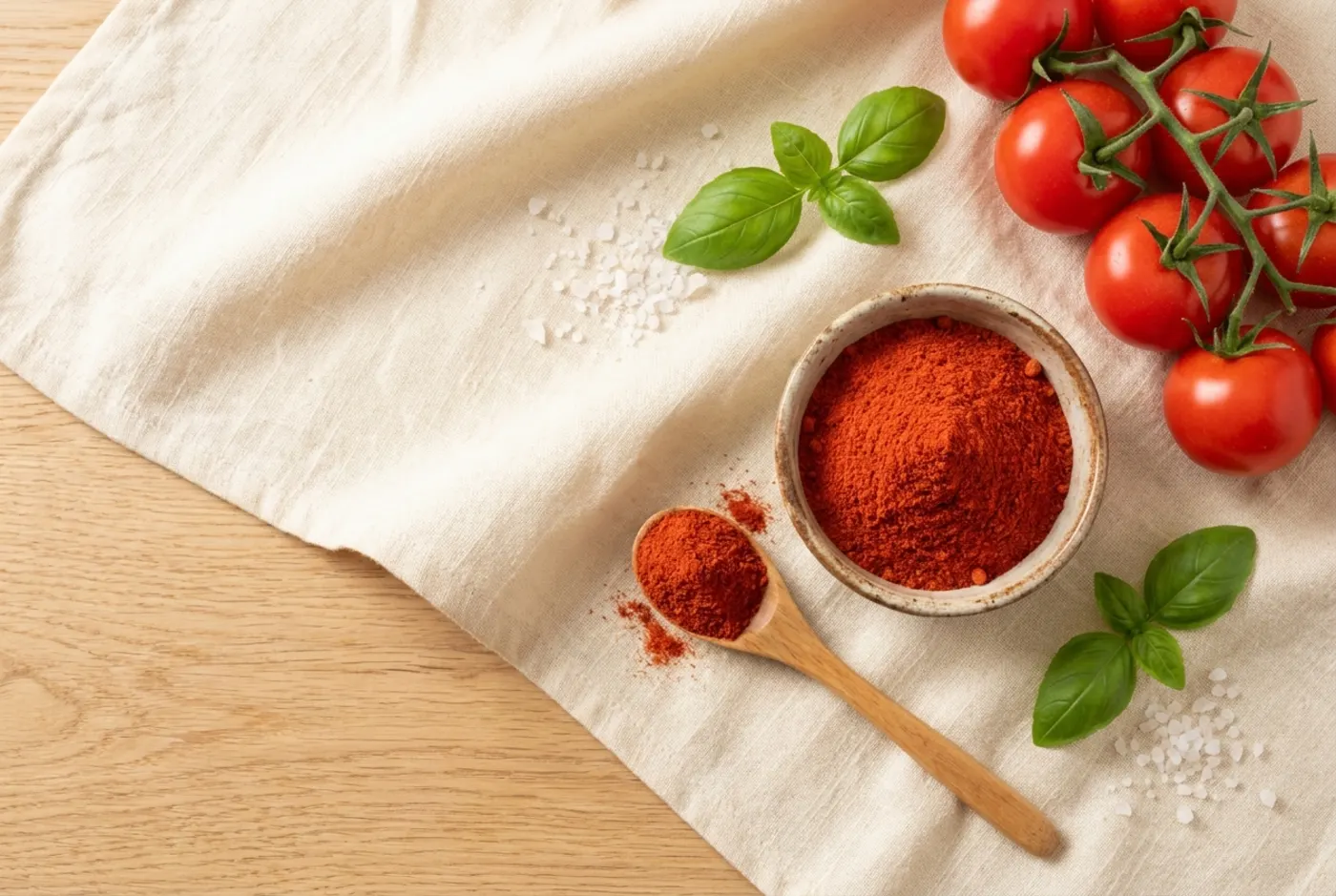 Bowl of red tomato powder with fresh cherry tomatoes and basil